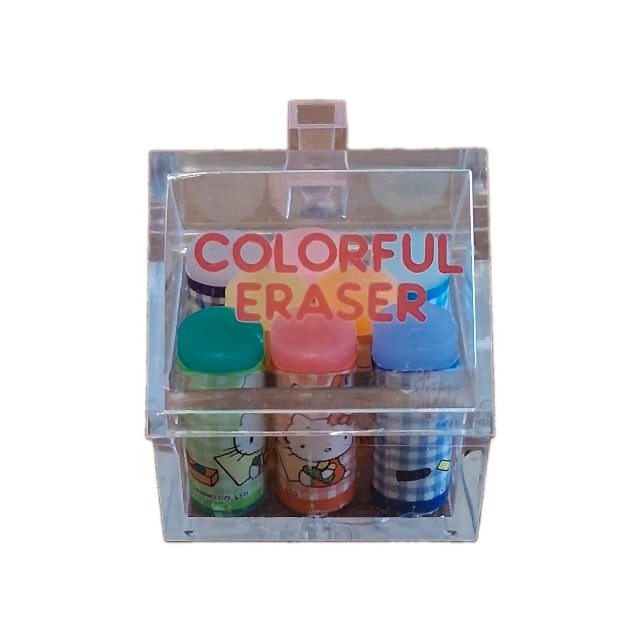 RARE Vintage 1976 Hello Kitty Sanrio Mini Erasers in Plastic House Case Japan RARE Vintage 1976 Hello Kitty Sanrio Mini Erasers in Plastic House Case Japan