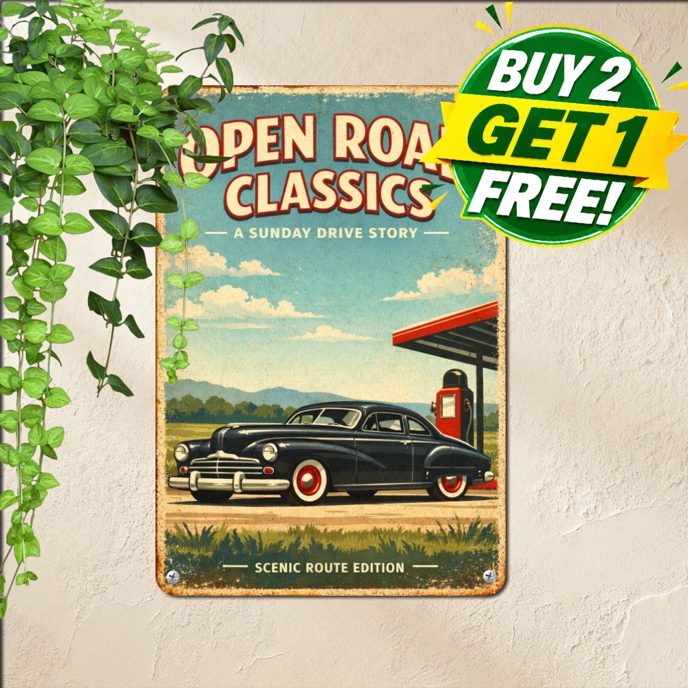 Classic Muscle Car Gas Station Scene Sign Vintage Auto Garage Metal Plaque