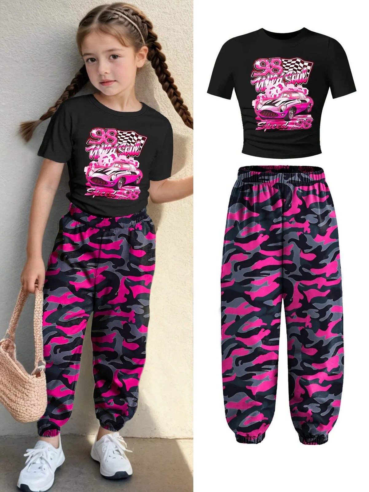 Kids Girls 2 Piece Racing Print Crop Tee & Pink Camo Jogger Pants Set Y2K Street