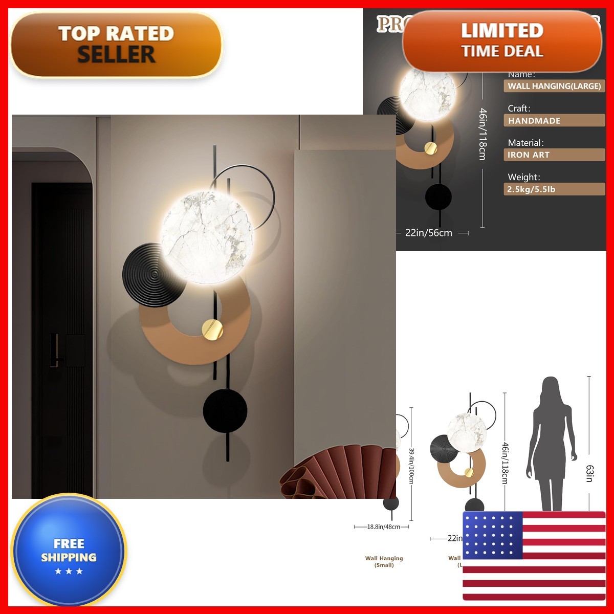 HEBOIX Large Metal Wall Decor Light Modern Metal Wall Art 3D Wall Sculptures