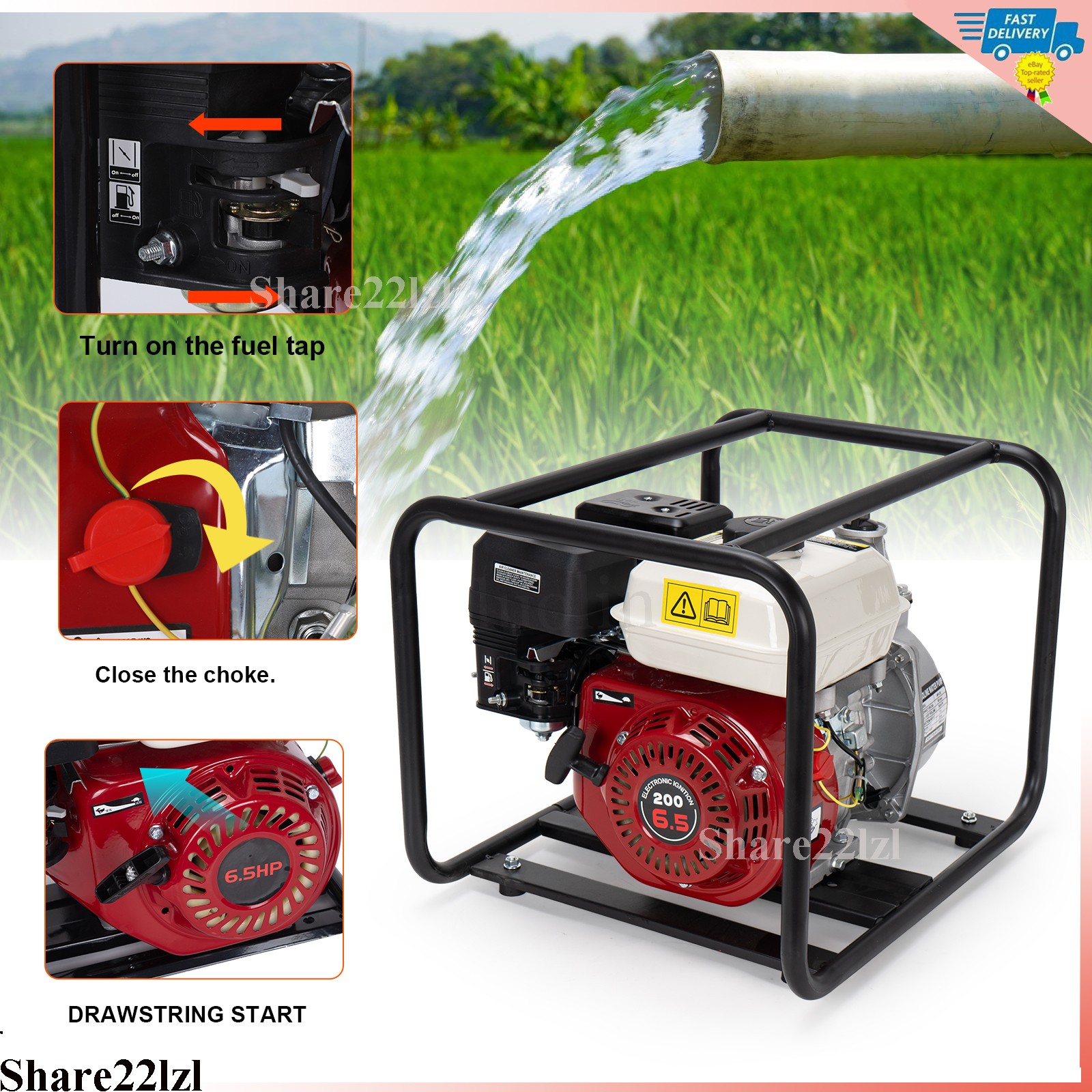 2inch 6.5HP 4-Stroke Gasoline Heavy Semi-Trash Water Pump Pressure Transfer Pump