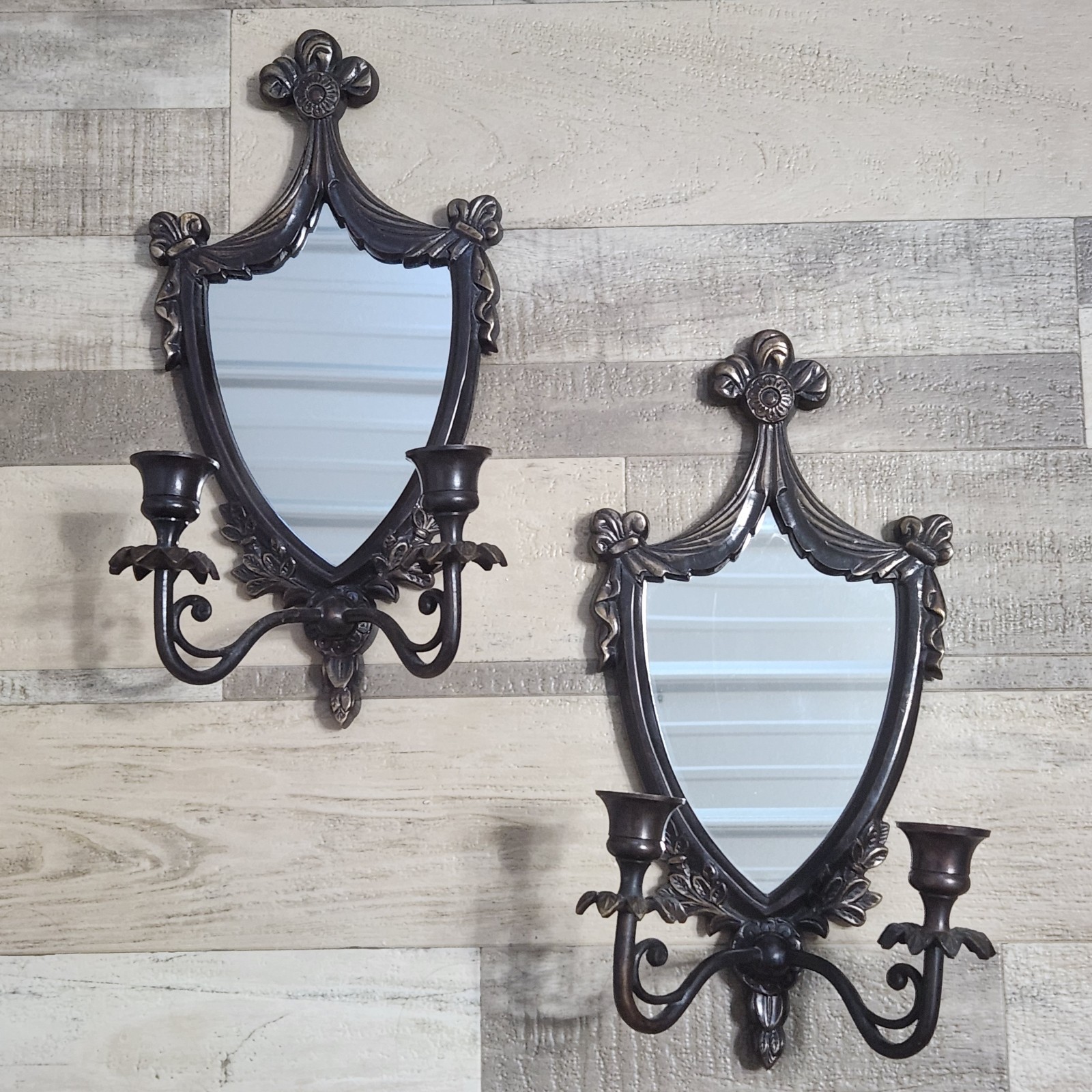 Vintage French Revival Mirrored Candle Sconces Shield, Ribbon & Fleur Motif 13×7