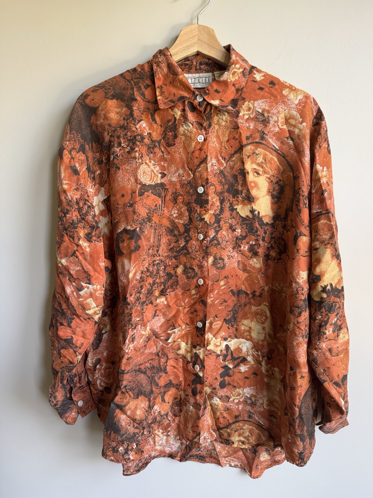 Vintage Exterior 80s/90s Burnt Orange 100% Silk Victorian Motif Men’s Shirt Sz M