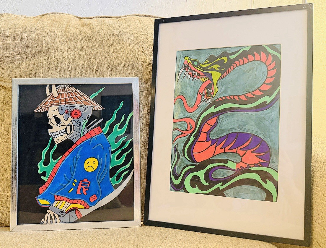 Original Hand Painted Tattoo Art Set Snake Skeleton Framed Cyberpunk