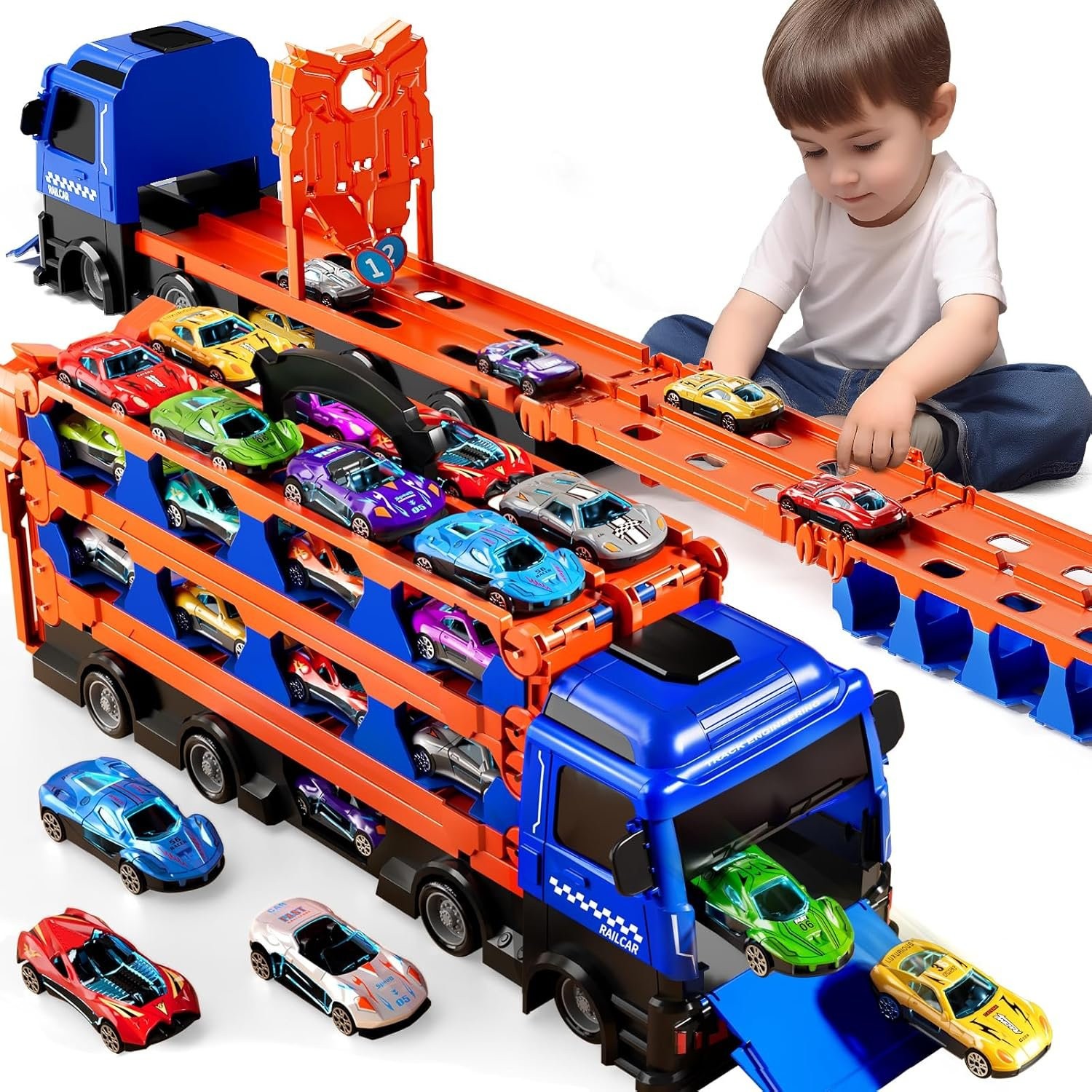 Race Track Toys 78\' Dual Track Transport Truck with 12 Die-Cast Car for Kids 3-6 Race Track Toys 78\' Dual Track Transport Truck with 12 Die-Cast Car for Kids 3-6