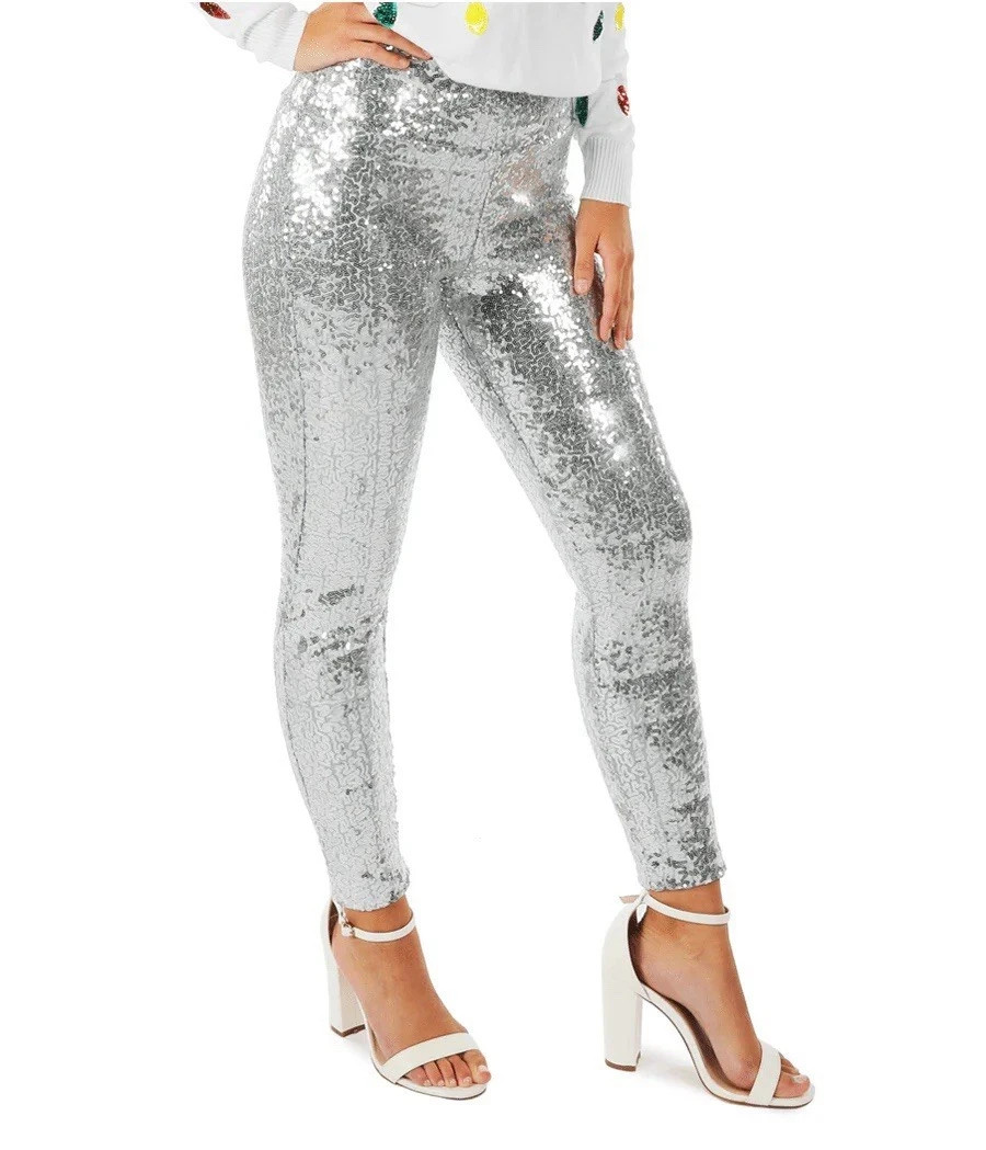 TIPSY ELVES SILVER SEQUIN HIGH WAIST LEGGINGS - Womens Plus Size 1X -LINED - NEW
