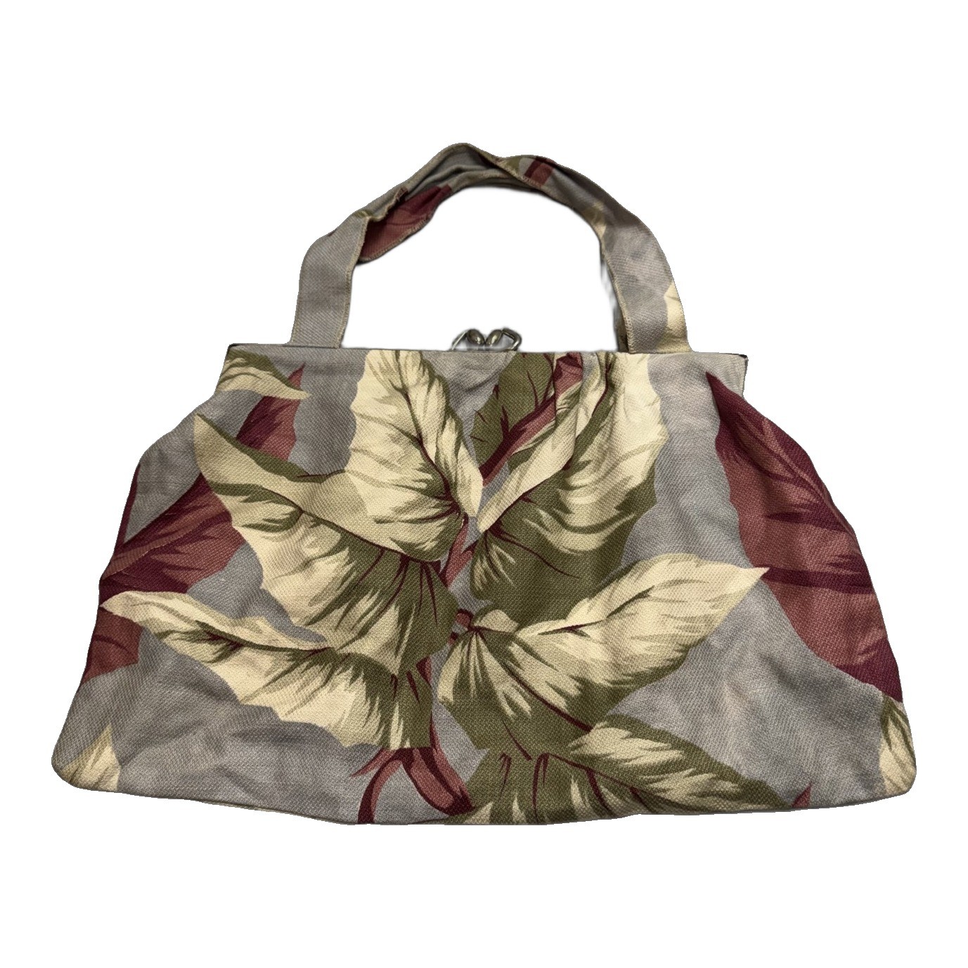 Vintage Tropical Leaf Print Kiss Lock Handbag Purse Gray Mauve Olive Fabric Vintage Tropical Leaf Print Kiss Lock Handbag Purse Gray Mauve Olive Fabric