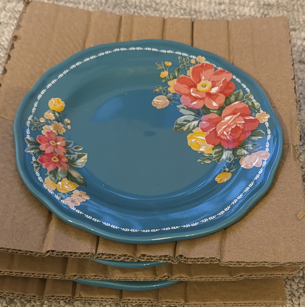The Pioneer Woman Floral Salad Plates Teal Trim Stoneware Set of 3 The Pioneer Woman Floral Salad Plates Teal Trim Stoneware Set of 3