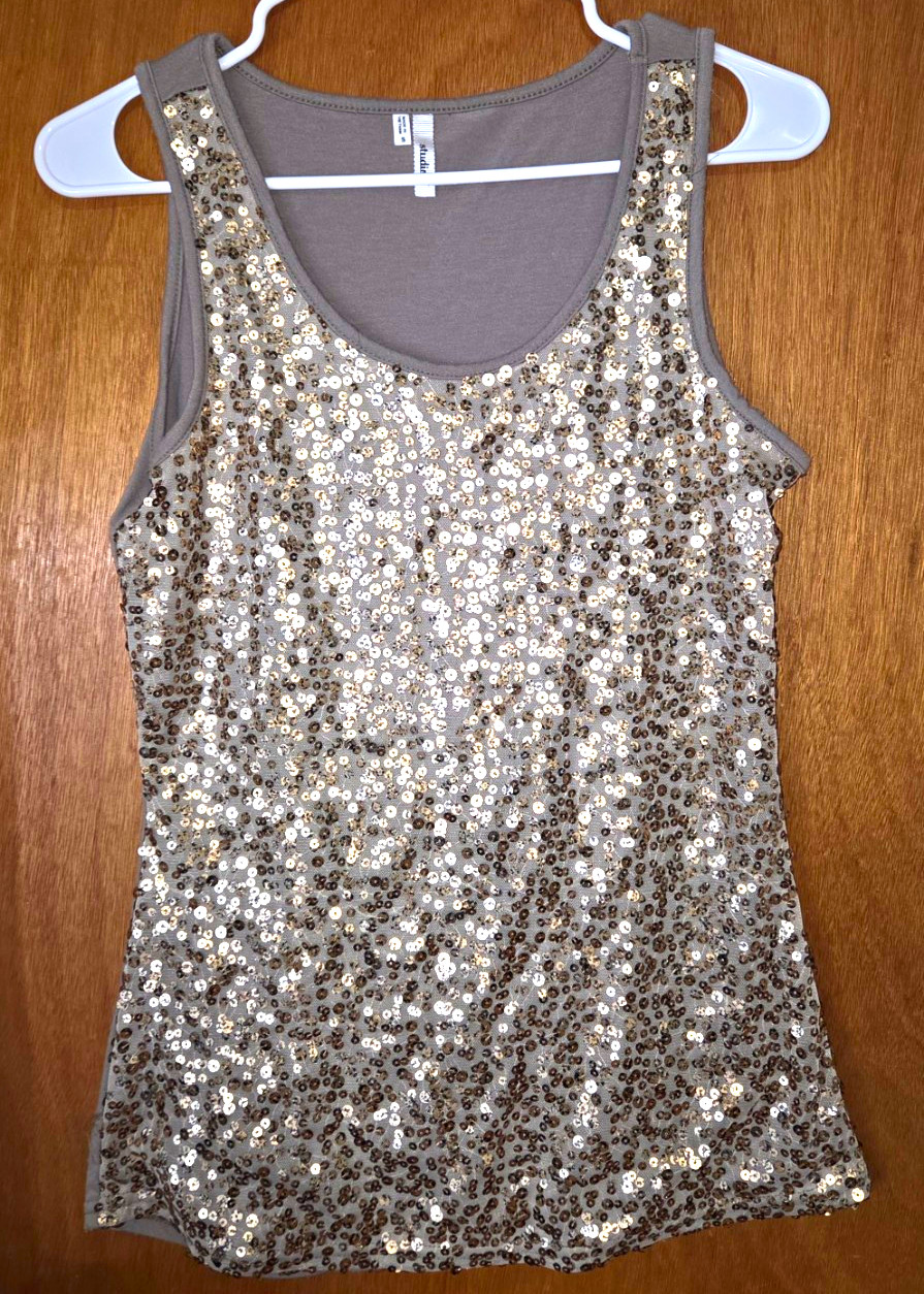 studio Y Women\'s Gray Sequin Scoop Neck Sleeveless Tank Top Size S