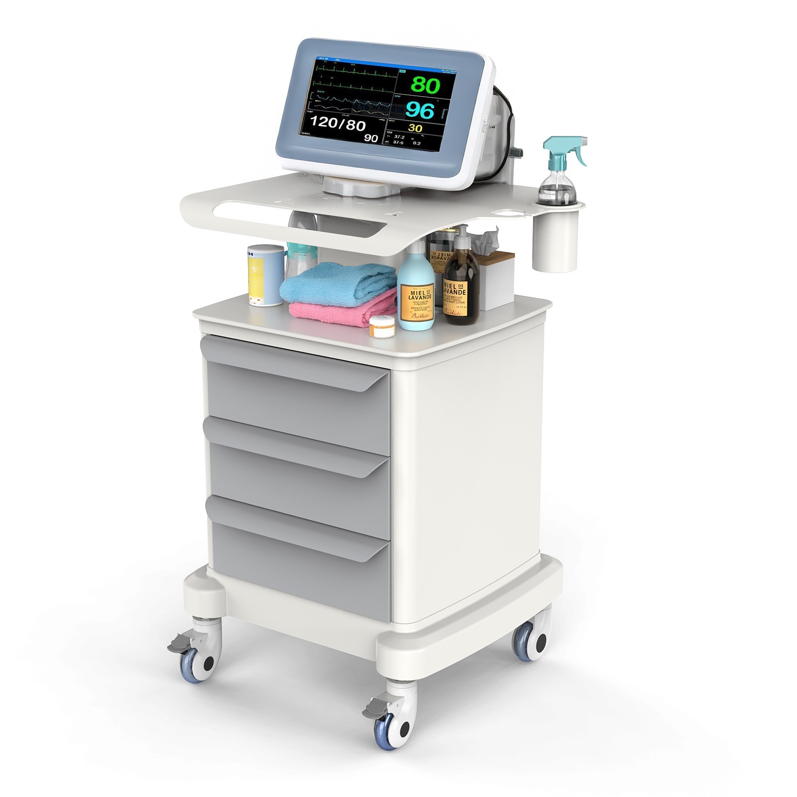 4 Tiers Lab Carts Mobile Medical Cart with 3 Drawers & 1 Top Tray White 4 Tiers Lab Carts Mobile Medical Cart with 3 Drawers & 1 Top Tray White