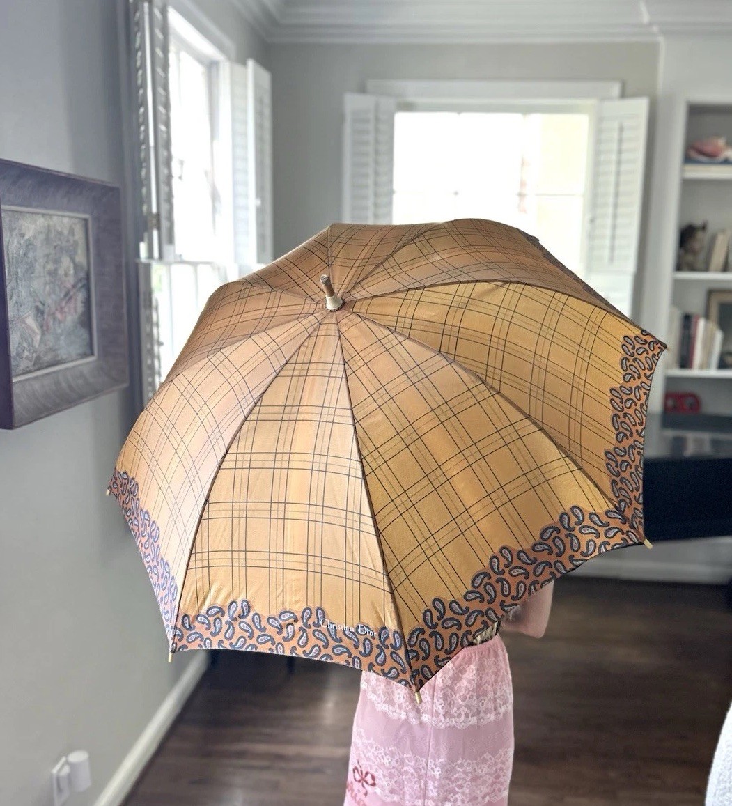 Vintage 70s 80s Christian Dior Umbrella Plaid Paisley Wood Brown