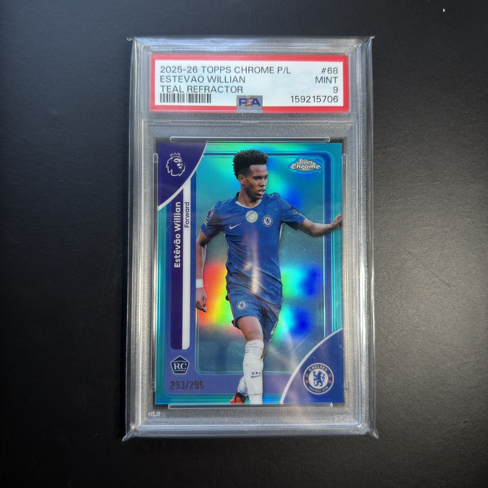 2026 Topps Chrome Premier League Estevao Willian RC Teal Refractor #/299 PSA 9