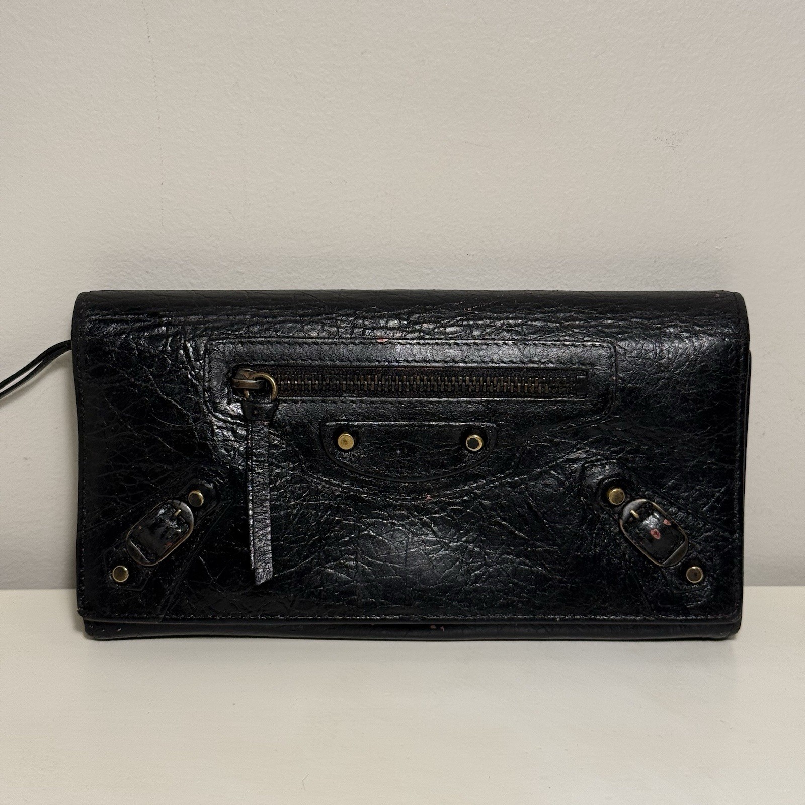 Authentic BALENCIAGA City Long Wallet Folding Black Leather Zip Card Holder READ