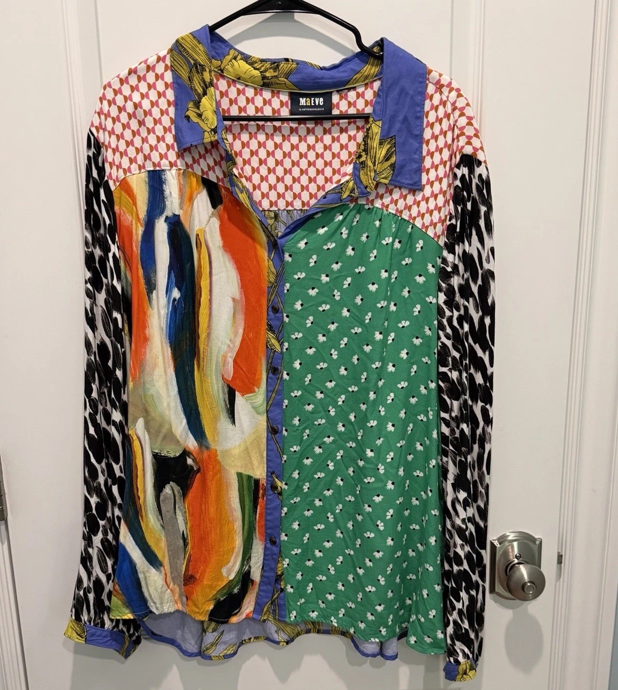 Maeve by Anthropologie Women\'s Paz Contrast Blouse Colorful Wearable Art XXL