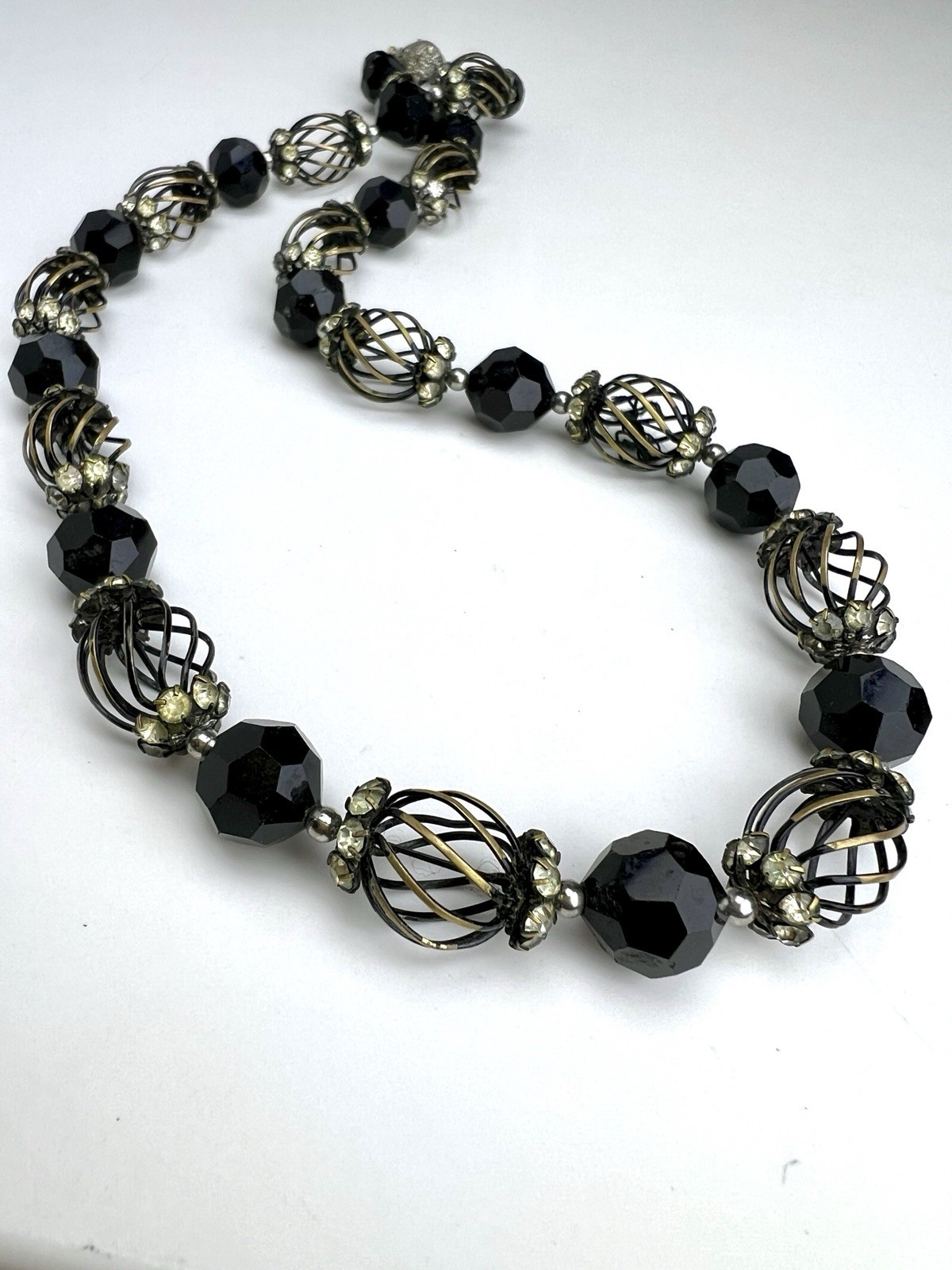 Vendome 22” Black Faceted Glass Cage Bead Rhinestone Necklace, Vintage Signed Vendome 22” Black Faceted Glass Cage Bead Rhinestone Necklace, Vintage Signed