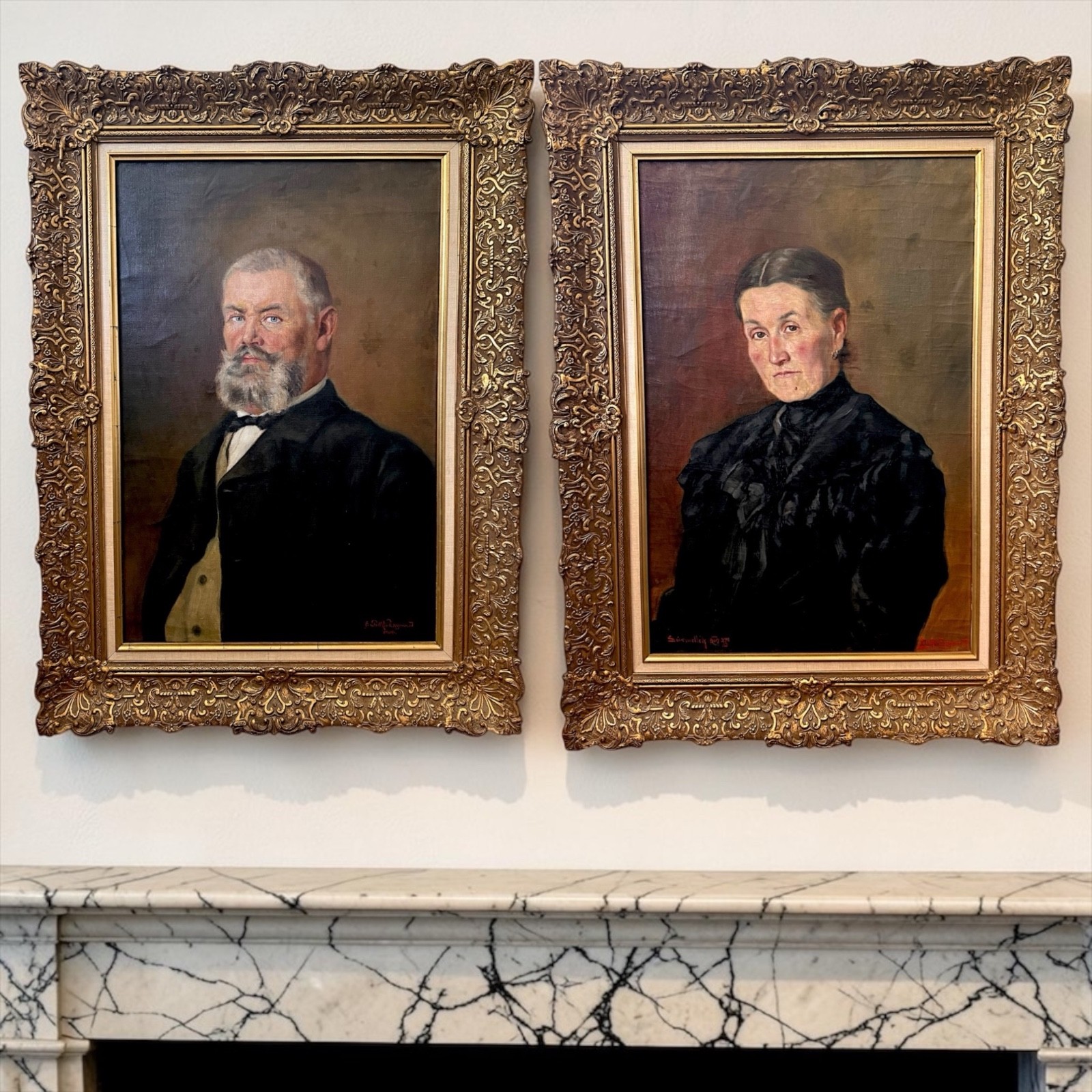Large Pair Signed Antique Hungarian Oil Portraits Husband & Wife 1906 -1907