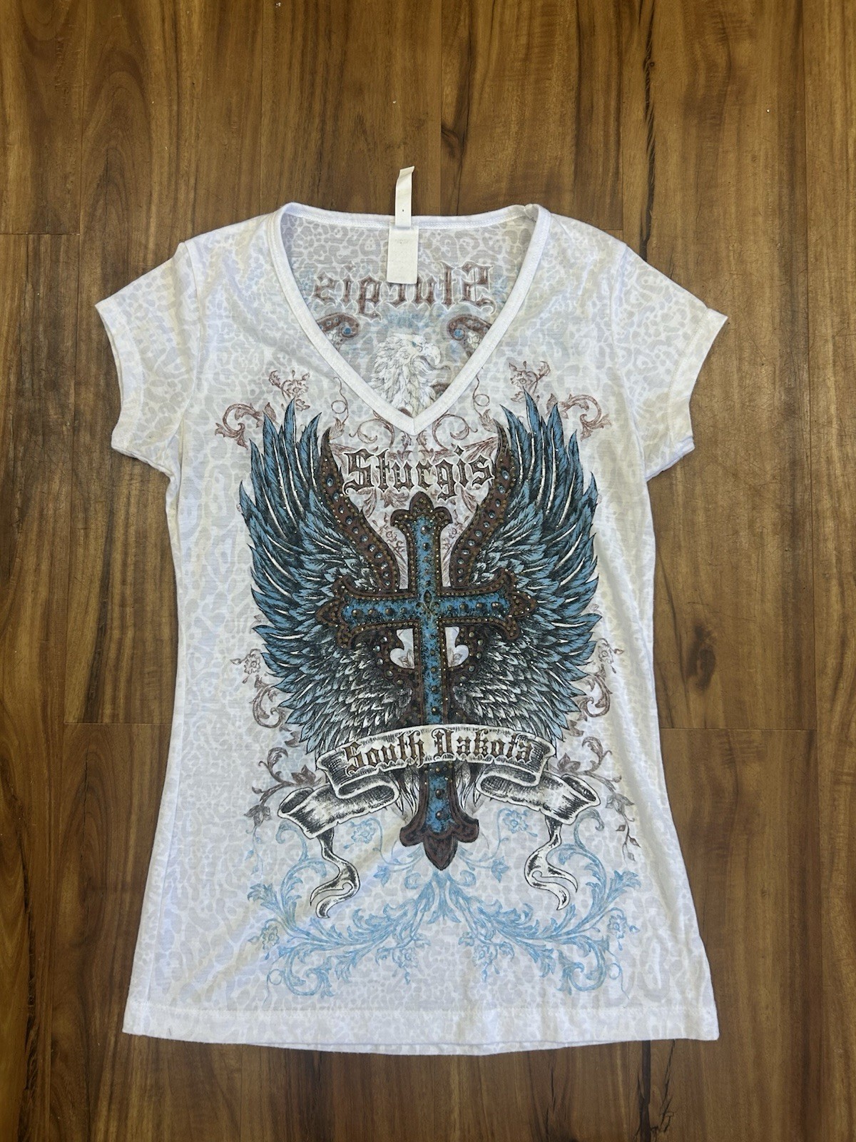 Sturgis South Dakota Liberty Wear Cross With Wings Burnout Tee XS Studded