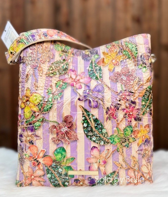 NWT Brahmin Celina Pinstripe Petals Melbourne Orchids Flower Crossbody Bag Purse