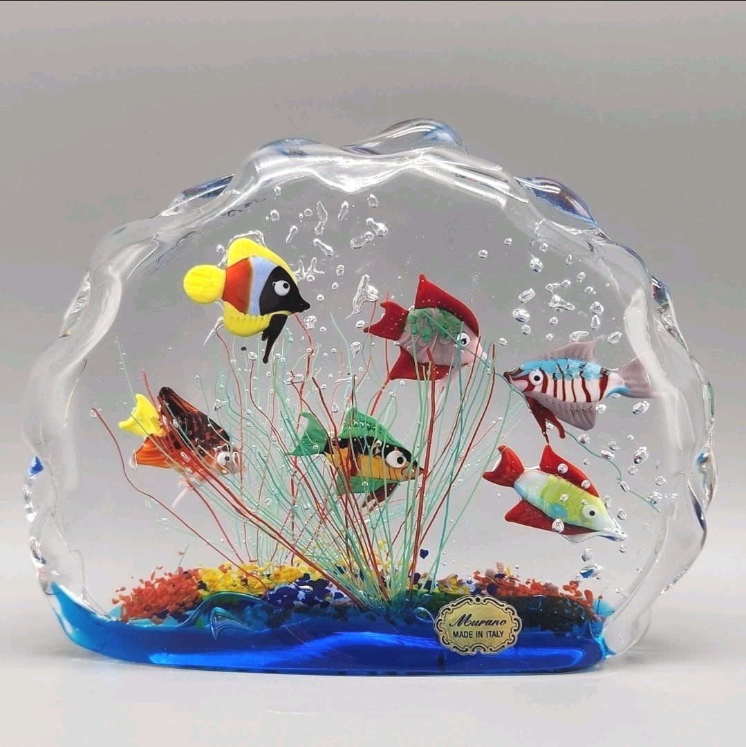 Vtg Murano 6 Fish Paperweight Art Glass Aquarium Sculpture Bubbles Seaweed Read