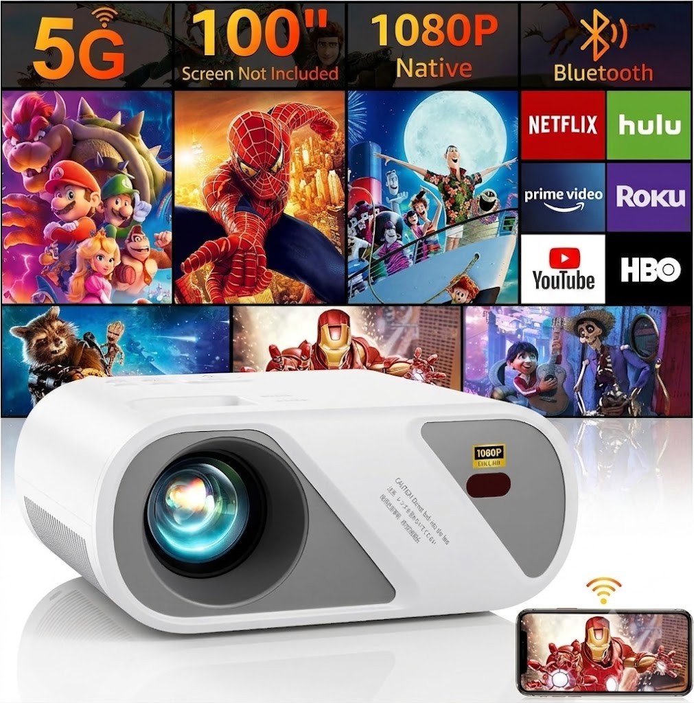 Native 1080P Movie Projector 9500LM Portable Outdoor Home Theater HDMI USB White
