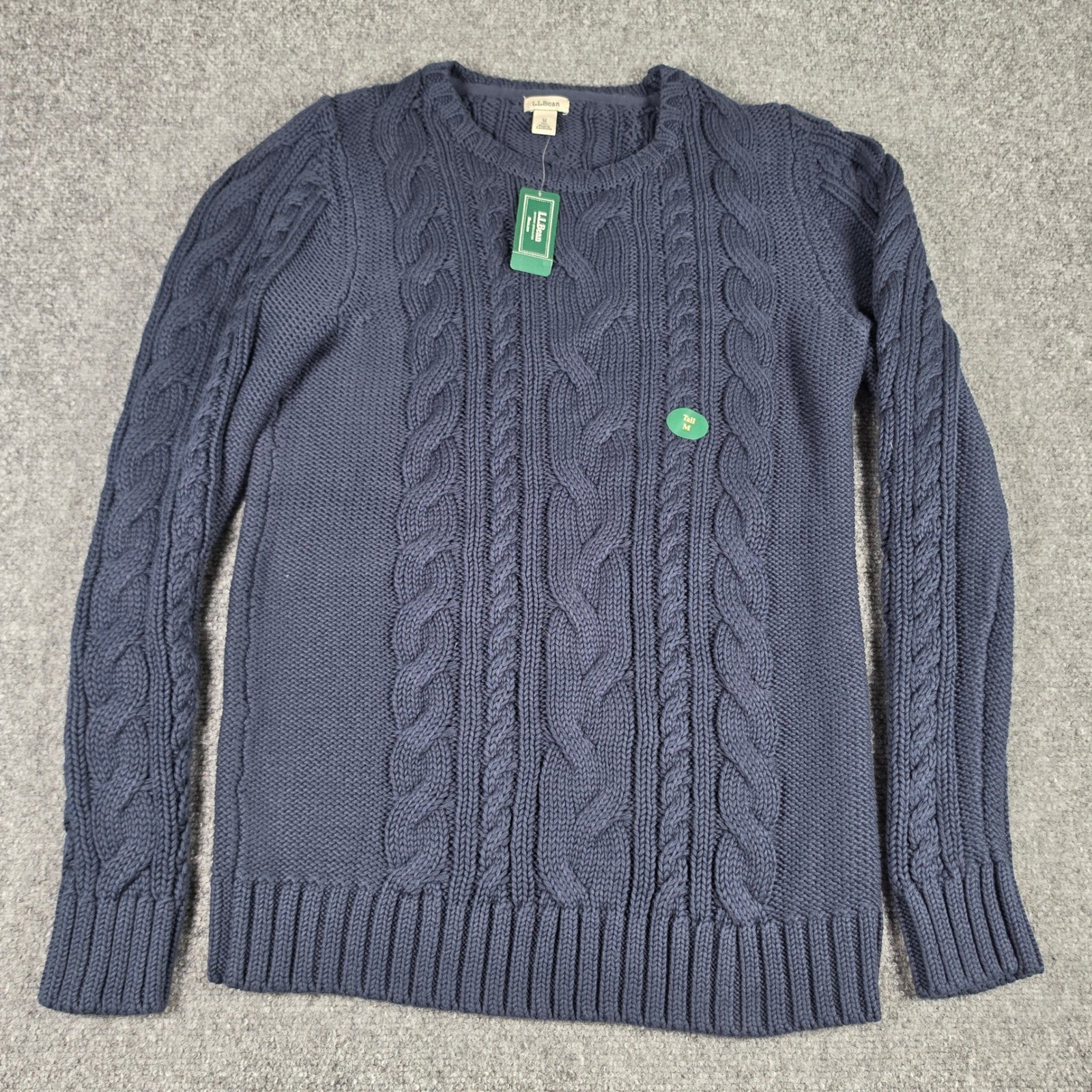 L.L.Bean Double L Cable Sweater Womens M Tall Navy Crewneck Cotton NWT