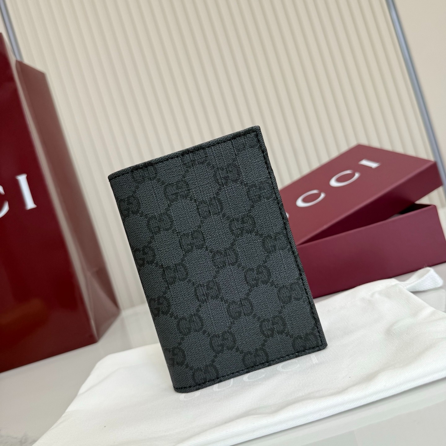 GG Essence Classic Passport Case Black GG Canvas Leather 876432 New