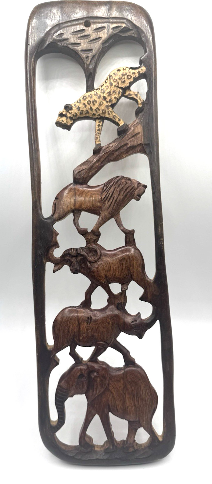 Hand Carved African Big Five Wood Wall Panel Lion Elephant Rhino Leopard Buffalo
