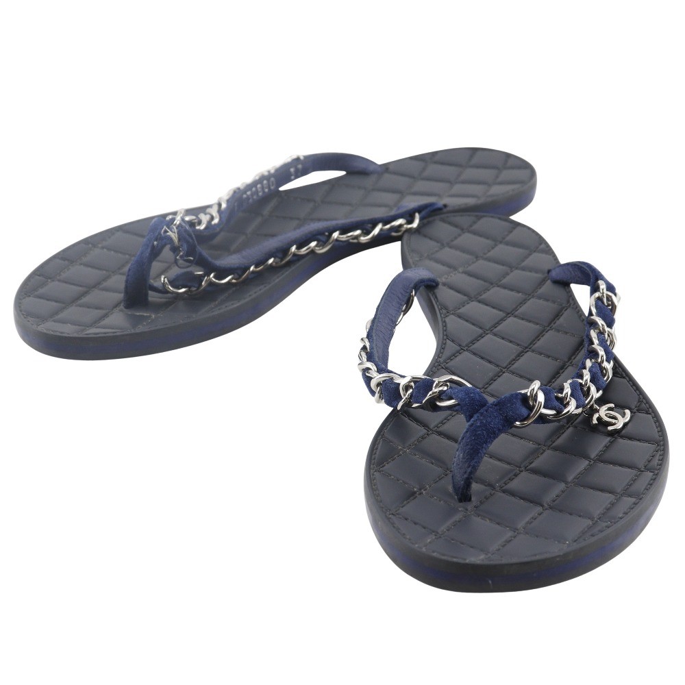 CHANEL COCO Mark Beach sandal G30880 Chain Black / navy rubber/leather Women