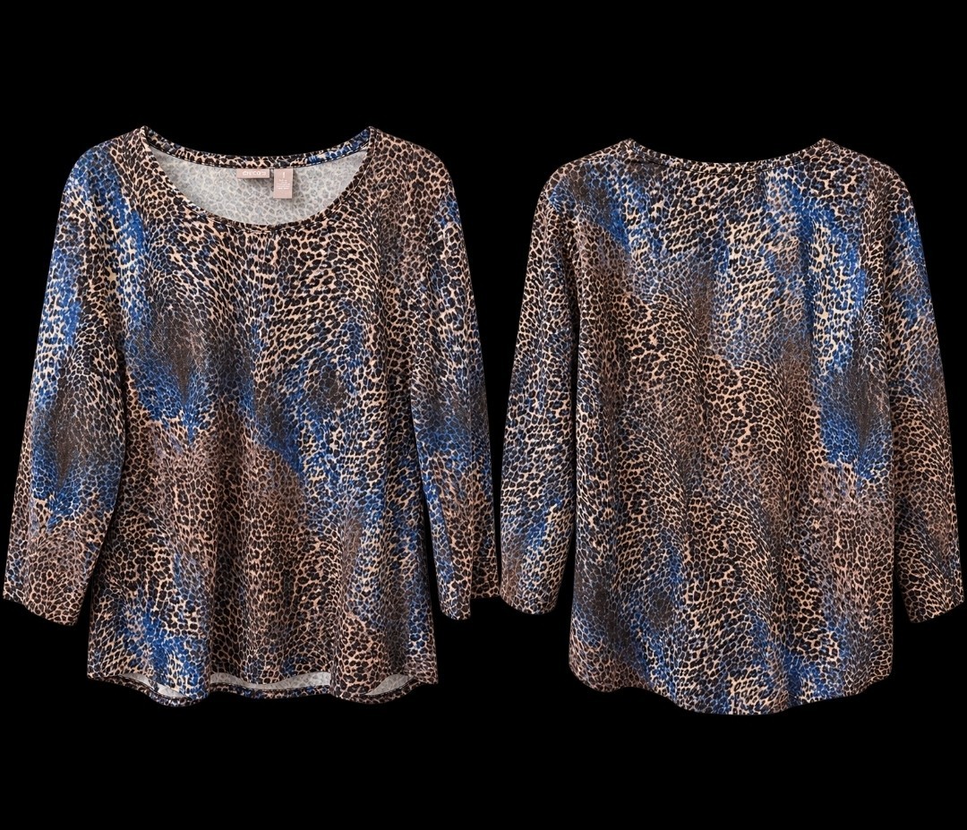 NWT Chicos Shirt Cheetah Animal Print Pullover 3/4 Sleeve top Womens Sz 8 NWT Chicos Shirt Cheetah Animal Print Pullover 3/4 Sleeve top Womens Sz 8
