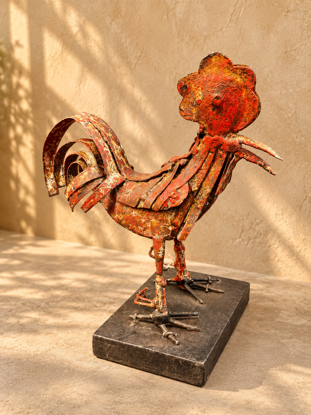 Orange Metal Rooster Sculpture Rustic Distressed Chicken Farmhouse Table Decor