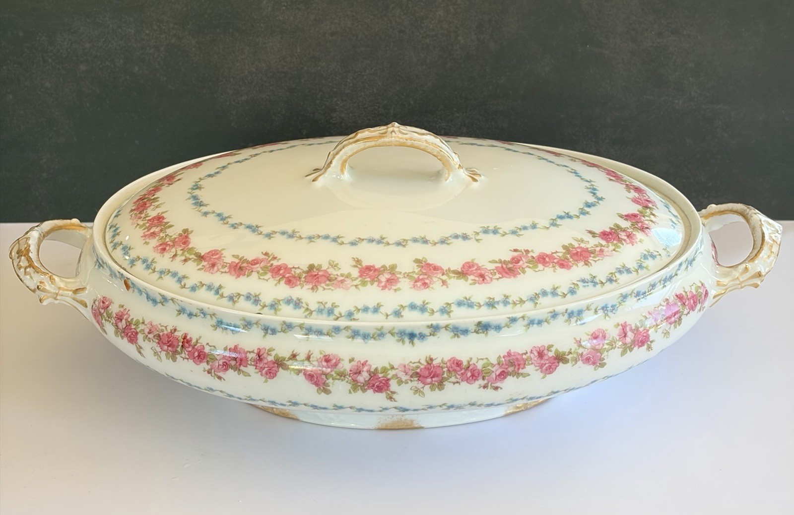 GDA France Haviland Covered Vegetable Bowl Pink Roses Blue Flowers Gold Antique