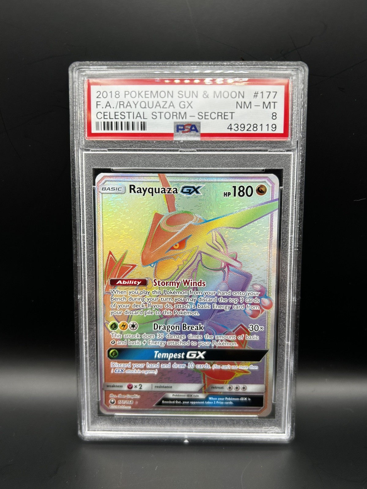 2018 POKEMON SUN & MOON CELESTIAL STORM SECRET RARE #177 RAYQUAZA GX PSA 8