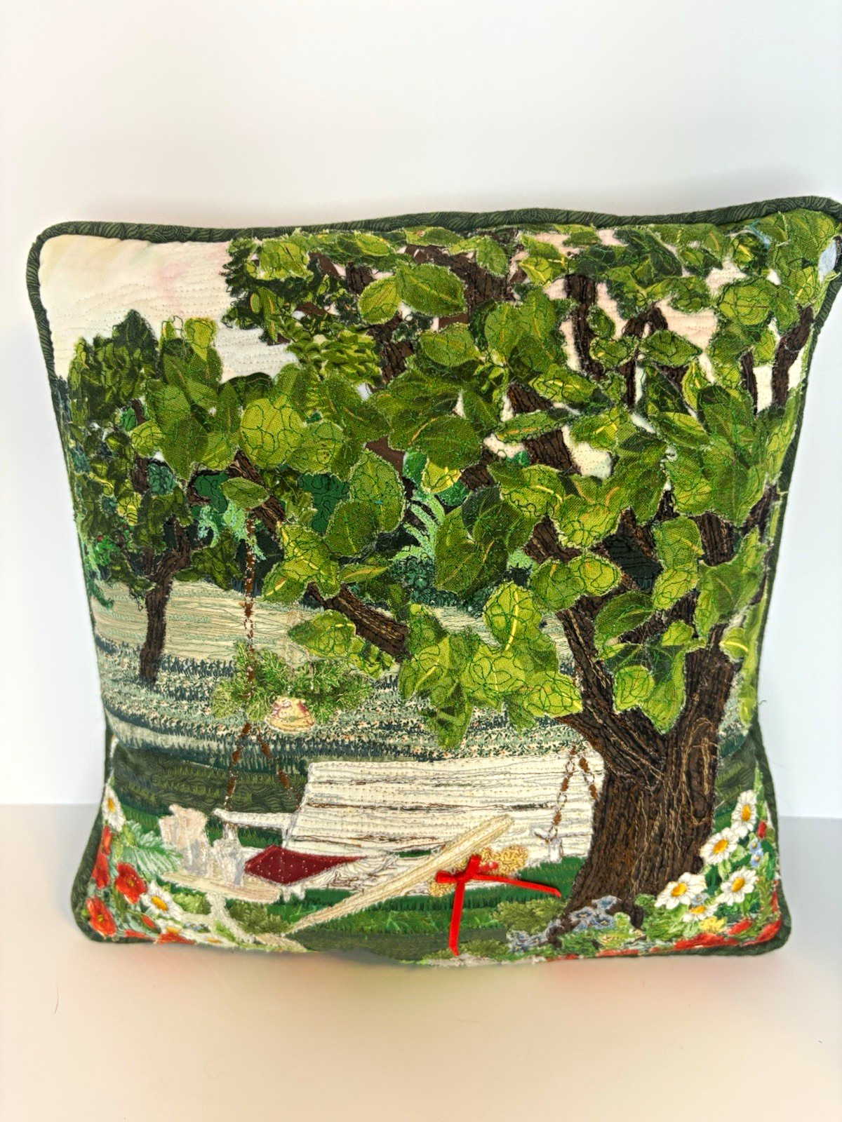 Needlepoint Embroidered Scenic Trees & Garden Landscape Decorative Pillow