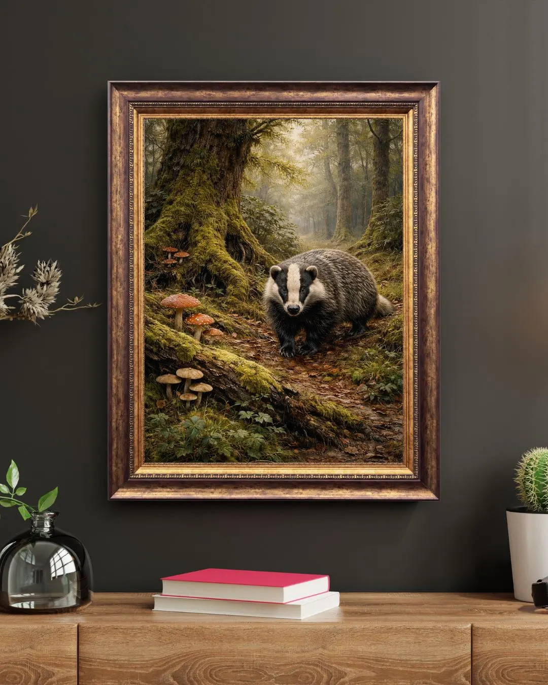 Badger Woodland Print, Mossy Forest Scene, British Wildlife Poster, Cottagecore