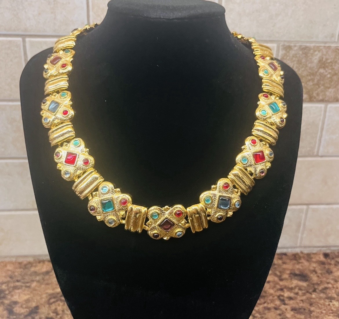 Vintage Rare 1980’s Byzantine Moghul Style Poured Glass Statement Necklace 130g