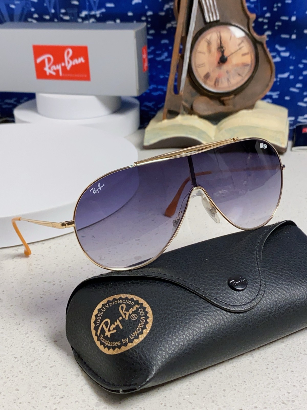 RayBan 2026 RB3597 Men\'s Sunglasses Gold/Blue Gradient Lens New With Case RayBan 2026 RB3597 Men\'s Sunglasses Gold/Blue Gradient Lens New With Case