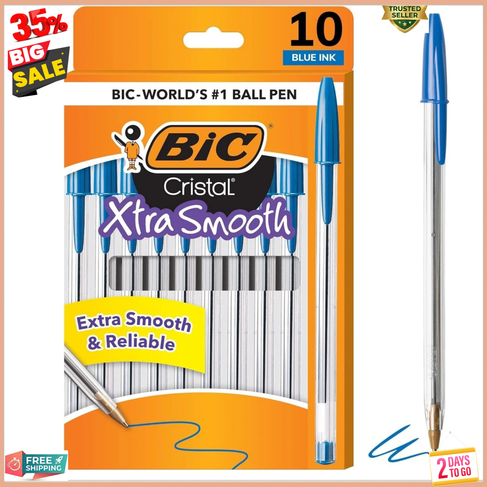 Pack of 10 Ballpoint Pen - Blue Ink Ball Point Pens for Office Writing School
