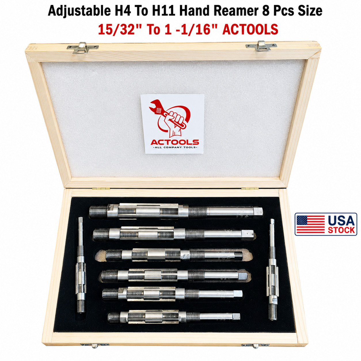 Adjustable Hand Reamer 8 Pcs Set H-4 to H-11 Sizes 15/32 To 1 1/16\'\' USA ACTOOLS