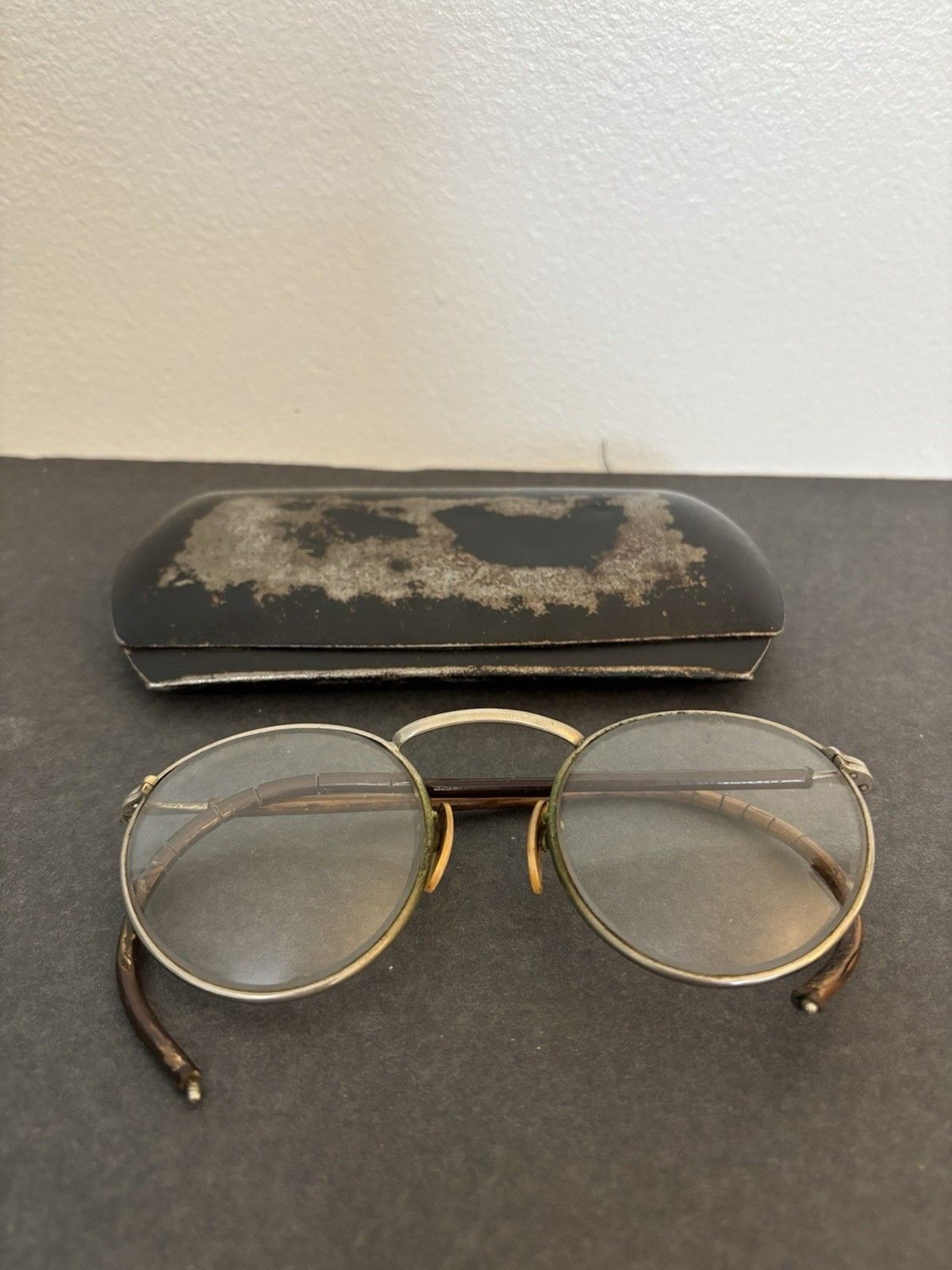 Antique Shuron Round Glasses With Leather Arms-Chipped Steampunk Glasses