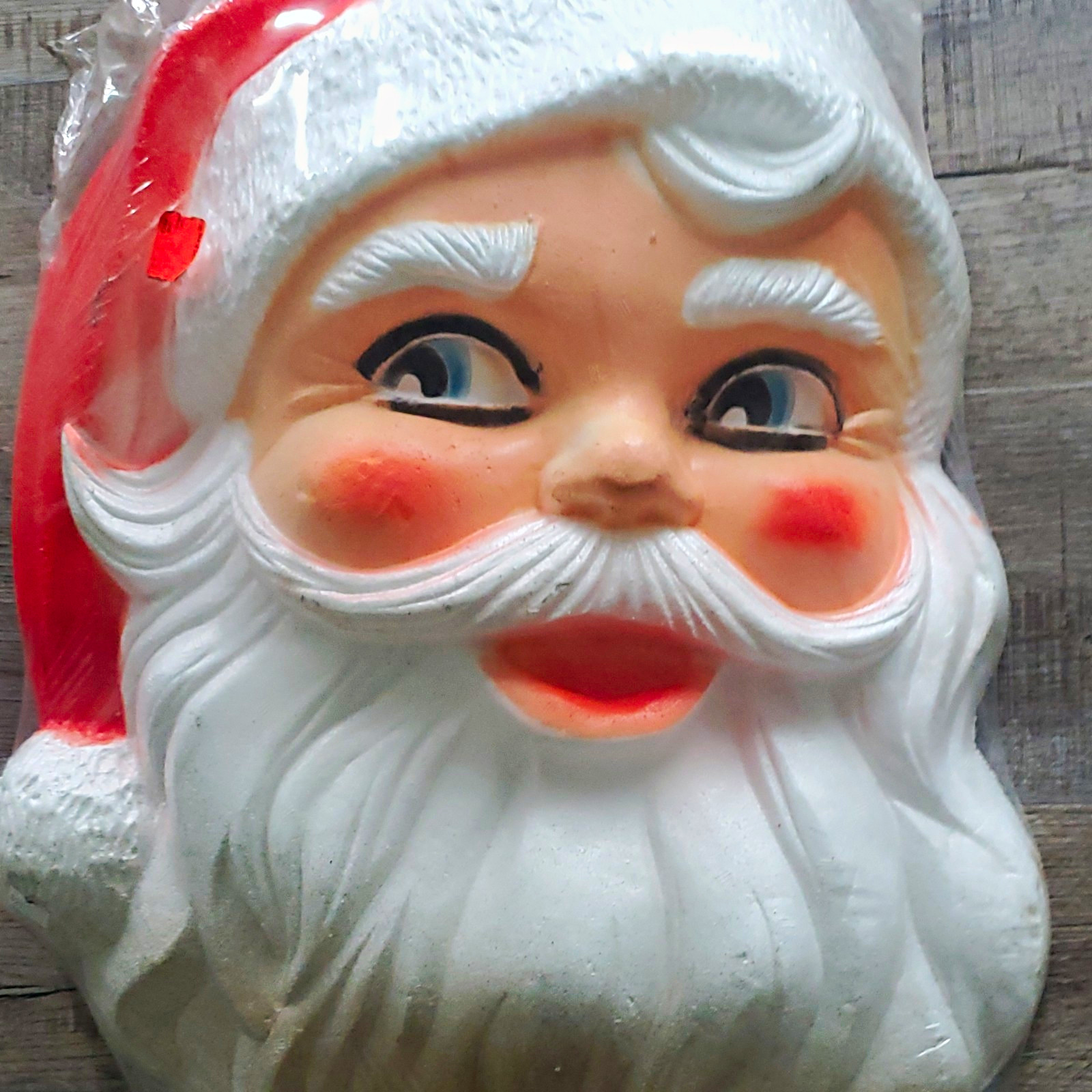 Vintage Styrofoam Santa Claus Face Display, 1950s-60s. Original Shrink Wrap.