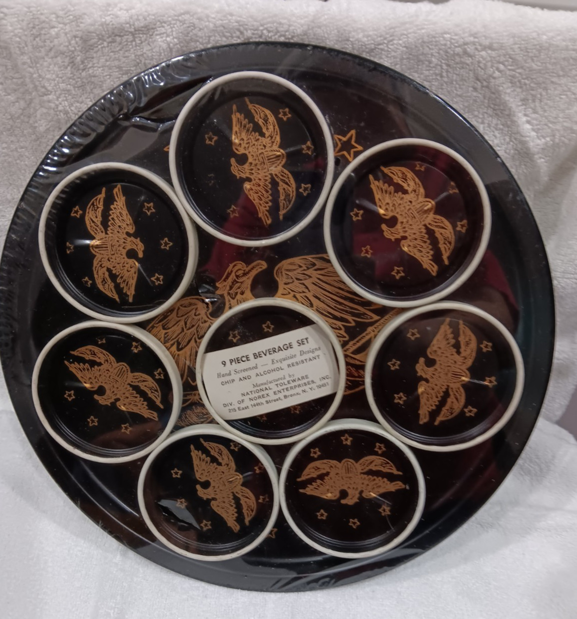 Vtg National Toleware 9 pc Beverage Set Coasters & Tray Federal Eagle 1970's NOS