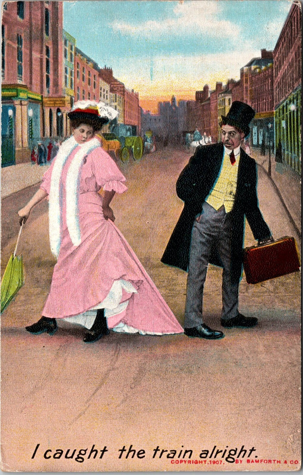 Vintage Comic Postcard I Caught The Train Alright 1907 Bamforth & Co