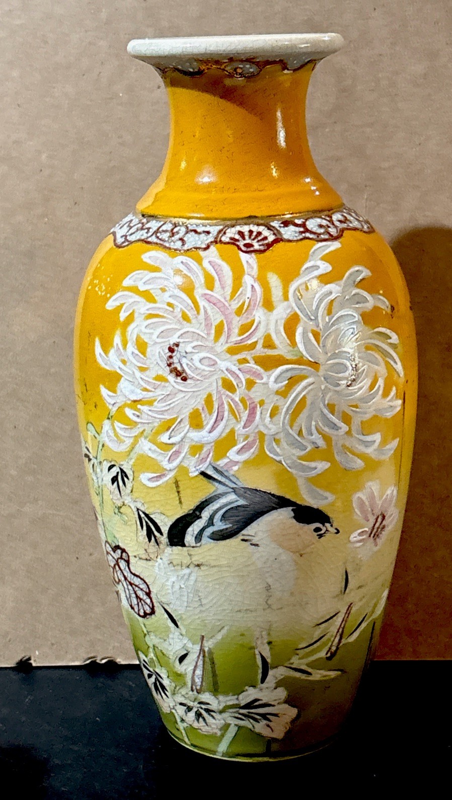 Satsuma Vase Antique Meiji Taisho Birds Flowers Gold Gilt Japan