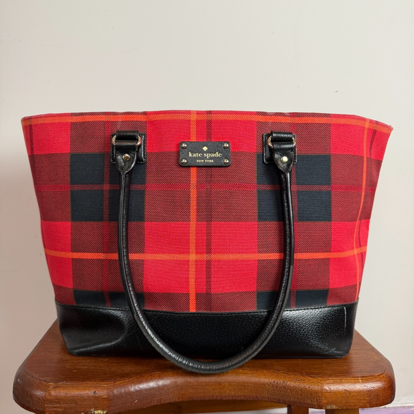 Kate Spade Red Black Tartan Plaid Canvas Leather Large Zip Tote Shoulder Bag