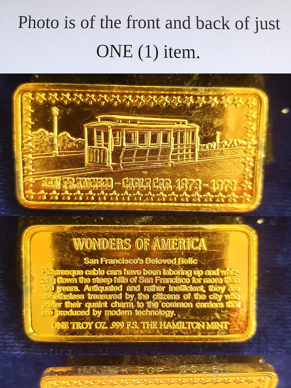 Hamilton Mint 1873-1973 San Francisco Cable Car 24k EGP 1 Troy Oz 999 Silver Bar
