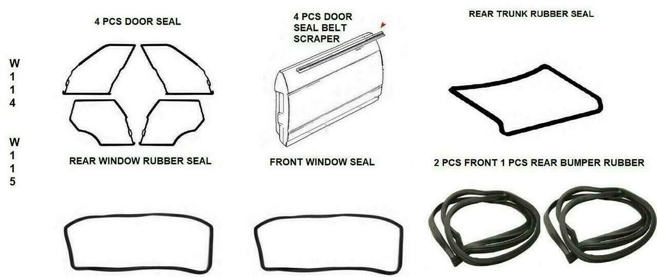 Full Rubber Door Trunk Bumper Window Seals 14 PCS For Mercedes Benz W114 W115
