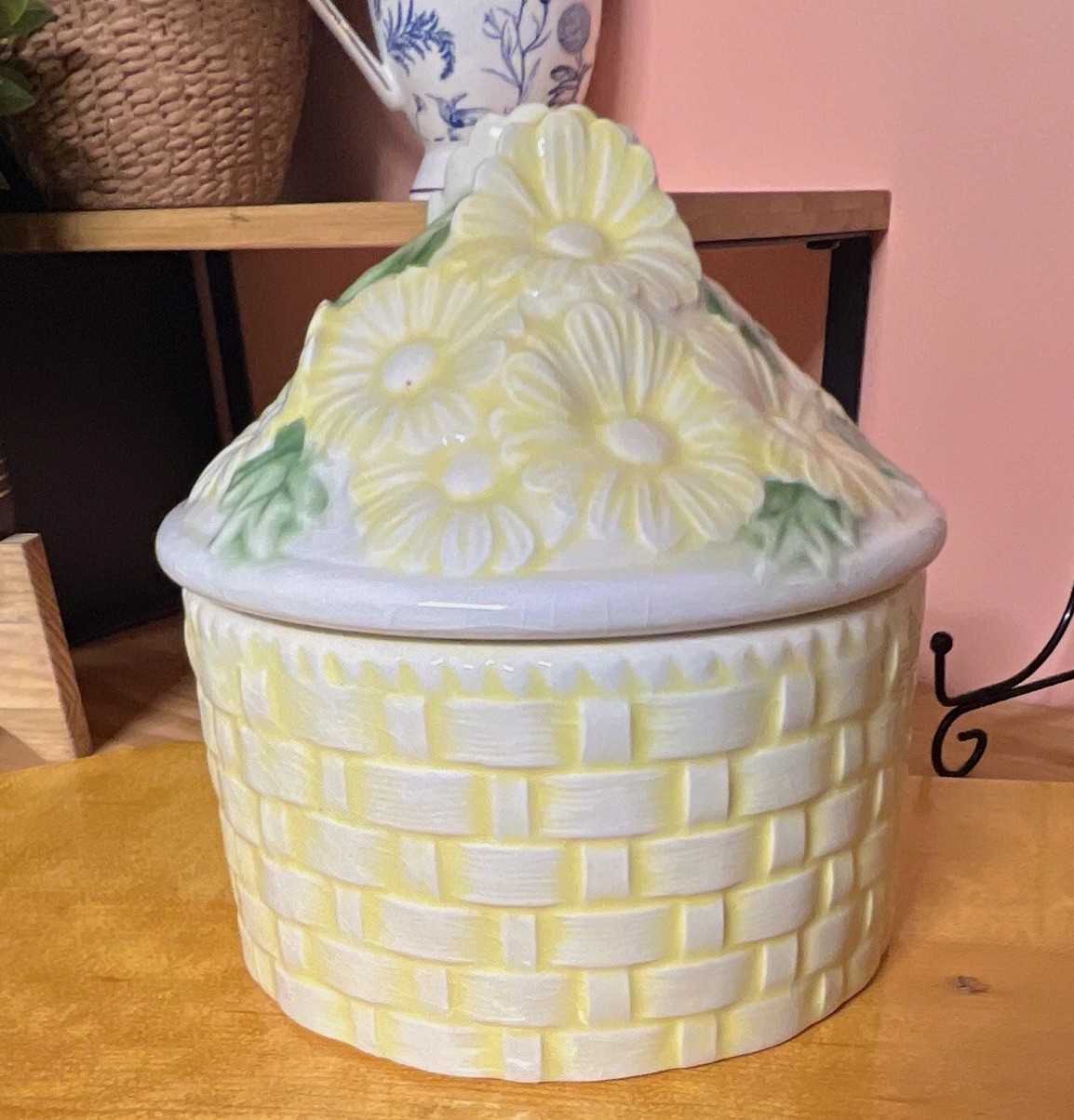 Vintage 1970s Ceramic Yellow Daisy Basketweave Canister Jar