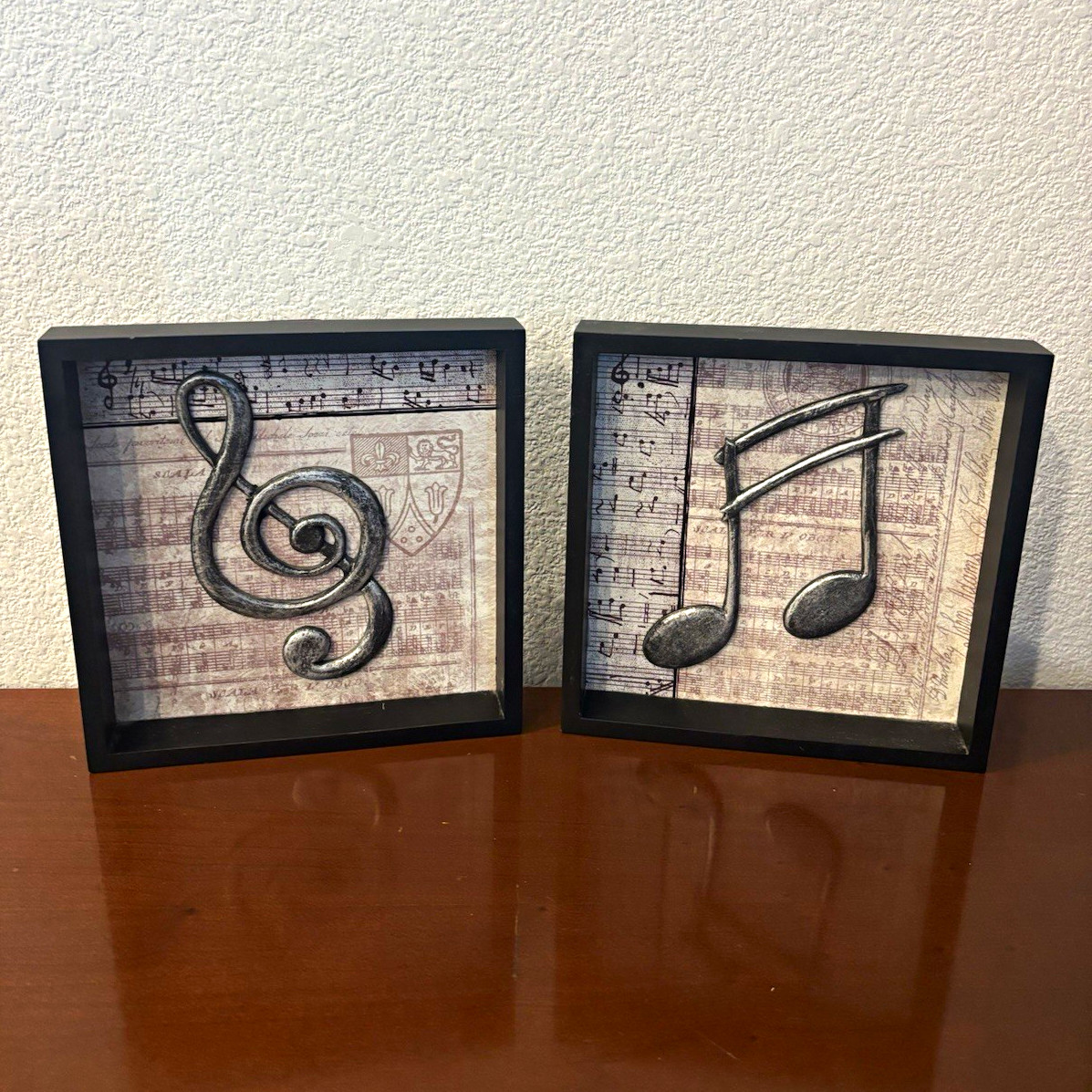 Framed 8x8” Music Note Square Plaques (2). Black Wood & Metal Notes, 3D Effect. Framed 8x8” Music Note Square Plaques (2). Black Wood & Metal Notes, 3D Effect.