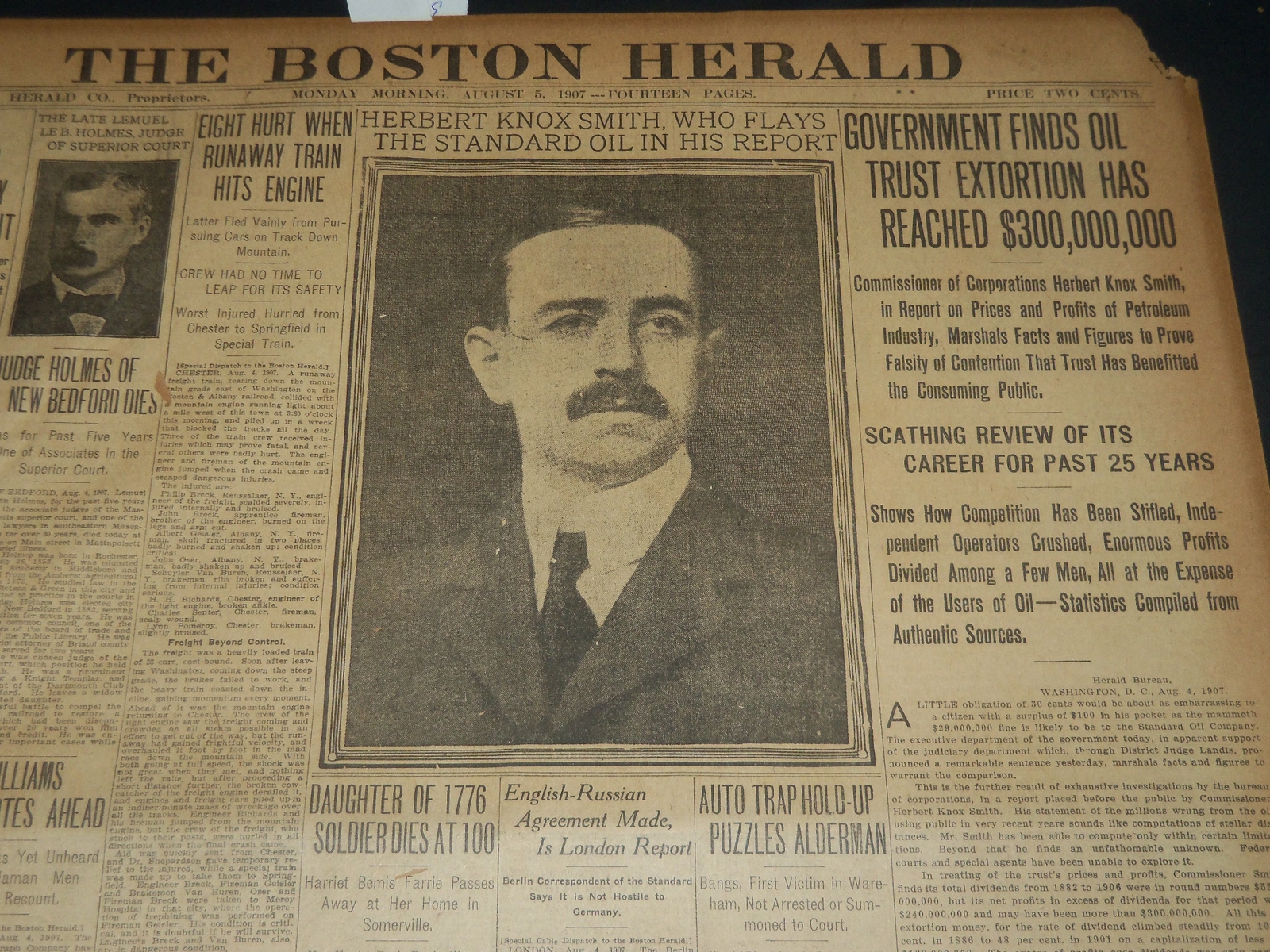 1907 AUGUST 5 THE BOSTON HERALD - STANDARD OIL EXTORTION REACHED $300M - BH 260