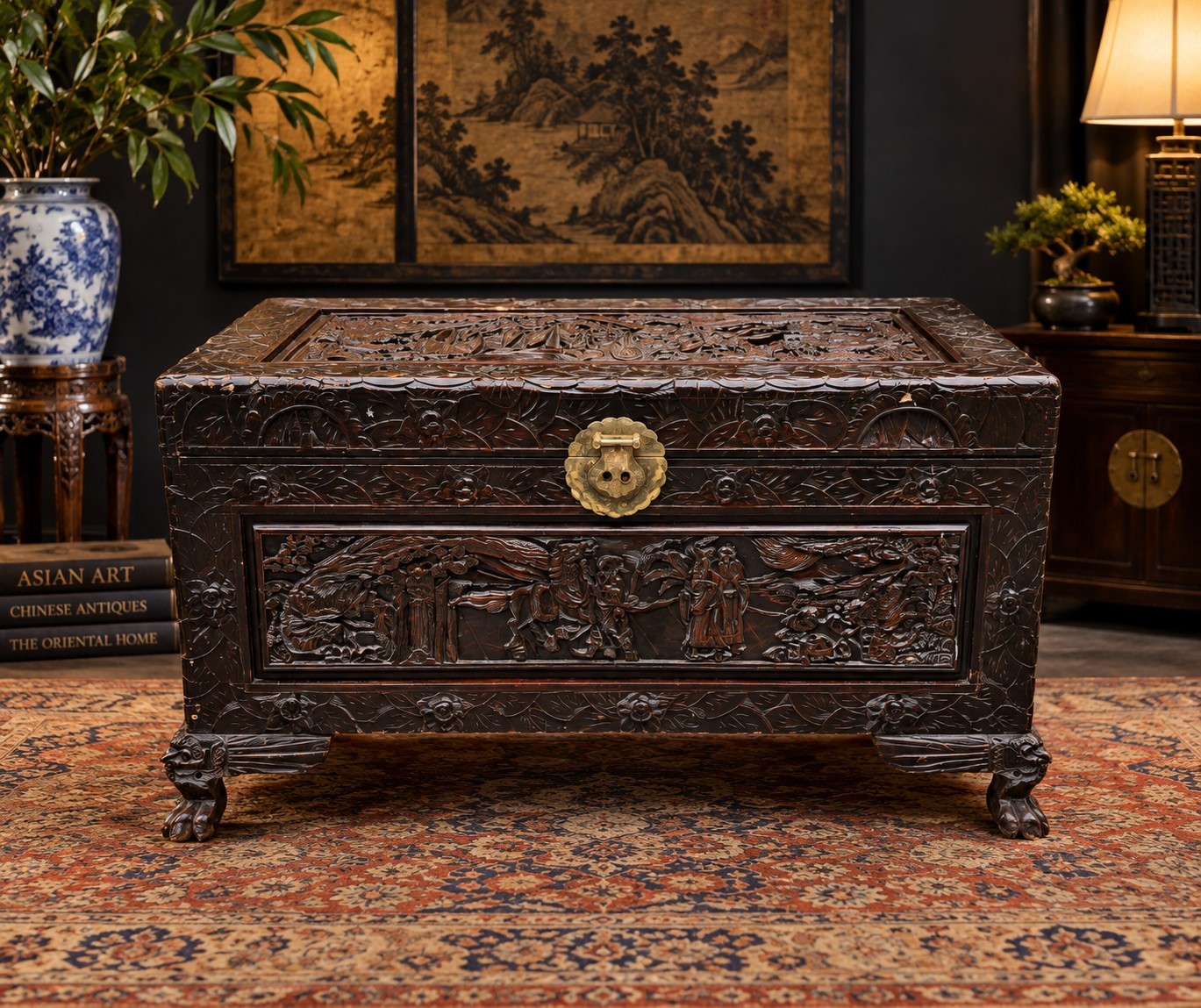 Antique Hand Carved Chest Oriental Camphorwood Storage Blanket Trunk